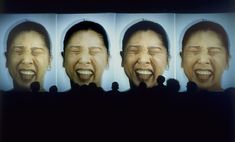 four images of men with their mouths open and eyes closed, all showing different facial expressions