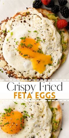 two eggs are on top of bread with fruit in the background and text overlay reads crispy fried feta eggs