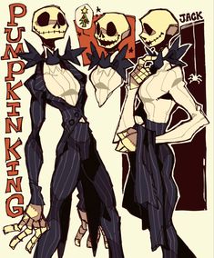 two cartoon characters dressed up in costumes and holding hands behind their backs, with the caption pumpkin king above them