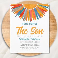 Invite family and friends to your sun-themed baby shower with this cute sunshine boys' baby shower invitation. It features the text "Here Comes The Son" in stylish typography with a brightly colored watercolor sun. Easily customizable. Original Watercolor © Michele Davies. Baby Shower Venues, Baby Shower Invite, Baby Shower Invitations For Boys, Gender Neutral Baby Shower, Here Comes, Baby Shower Invitation, Baby Announcement, Baby Shower Themes