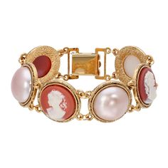 Featuring three round carnelian and ivory cameos with 3 round raspberry peach pearl stones. The antique inspired designed framework and fold over clasp are dipped in 14k gold for an extra touch of lux. Cameo Locket, Cottagecore Jewelry, Designers Jewelry Collection, Bracelets Charm, Pearl Clasp, Locket Bracelet, 1928 Jewelry, Vintage Style Earrings, Vintage Inspired Jewelry