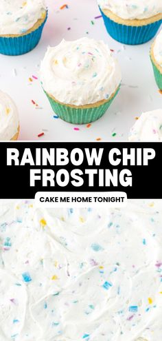 rainbow chip frosting on top of cupcakes with white frosting and sprinkles