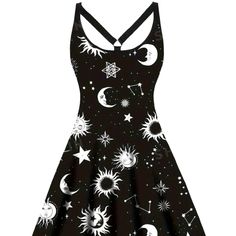 Womens Cross Neckline Sun Moon & Stars Printed Dress Backless Crisscross A-Line Tank Black Star Print Dress, Black Star Print Dress For Spring, Black Mini Dress With Star Print, Spring Black Dress With Star Print, Black Dress With Star Print For Spring, White Gothic Summer Dress, Rainbow Goth, Everyday Clothes, Sun Dresses