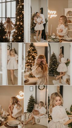 a collage of photos with people and christmas trees in the background, one woman is holding her baby