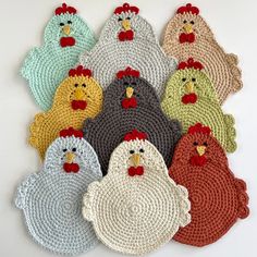 six crocheted chicken coasters in different colors