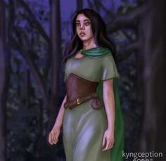 a digital painting of a woman in a green dress and brown belted cape with trees in the background