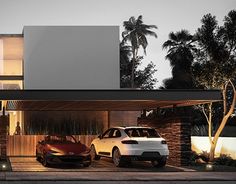 two cars parked in front of a modern house