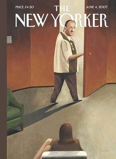 the new yorker magazine cover with a man walking in front of a woman sitting on a chair