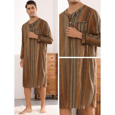 This multicolor-striped long-sleeved nightgown has a unique look that's different from regular striped designs. These long-sleeved nightshirts have a V-neck and front button design for easy wear and comfort. This casual striped nightshirt is suitable for daily wear, or for relaxing at home, vacation, etc. The nightgown can offer a comfortable feeling when you are taking a rest at home. Long Sleeve Relaxed Fit Nightgown For Bedtime, Multicolor Long Sleeve Sleepwear For Lounging, Brown Long Sleeve Sleepwear, Casual Long Sleeve Nightgown For Home, Casual Striped Long Sleeve Sleepwear, Striped Long Sleeve Relaxed Fit Sleepwear, Striped Long Sleeve Sleepwear In Relaxed Fit, Striped Long Sleeve Sleepwear With Relaxed Fit, Long Sleeve Fall Nightgown For Sleep