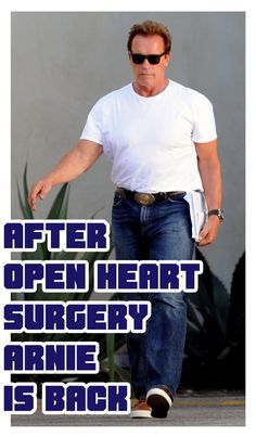 a man in white shirt and jeans walking down street with text that reads after open heart surgery, arne is back