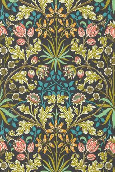 an intricately designed wallpaper with flowers and leaves in blue, green, pink, yellow and orange colors