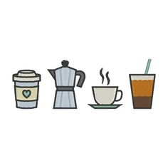 three different types of coffee machine appliqued on a white background with a cup and saucer next to each other