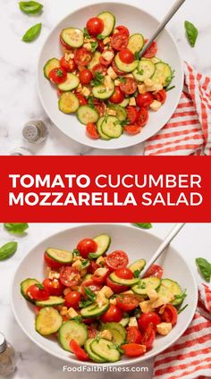 two bowls filled with cucumber and tomato salad on top of a white table