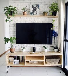 a flat screen tv sitting on top of a wooden shelf next to a plant filled wall