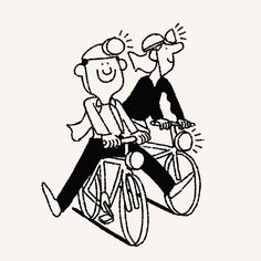 a black and white drawing of two people riding on a tandem bike with one person looking at the camera