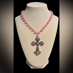 Victorian Gothic Large Silver Cross Pendant On A Pink Beaded Necklace. *Brand New. *Adjustable. *Silver Tone Cross Pendant. *Cross Size: 7cm. *Cross Material: Zinc Alloy. *Necklace Length: 40cm+7cm Extension Chain Approximately. -Will Ship Next Business Day. Silver Beaded Necklaces With Rhinestones, Silver Beaded Necklace With Rhinestones, Silver Cross Jewelry With Beads, Silver Beaded Necklaces With Bling For Gifts, Victorian Colors, Pink Beaded Necklace, Big Cross, Necklace Gothic, Gothic Victorian