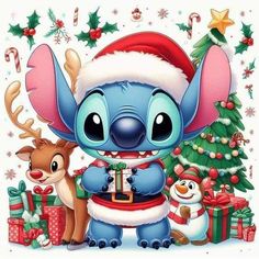 a christmas card with an image of stitchy the elephant and his reindeer friend in front of a christmas tree