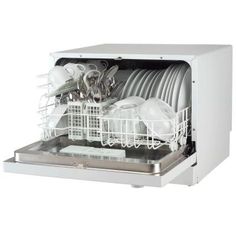 an open dishwasher with dishes in it