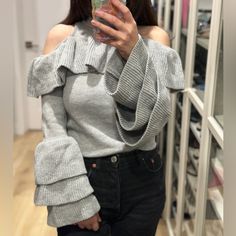 Size M But Better For A Small. Really Cute Sweater So Many Details. And Good Quality For Shein. Never Worn Shein Sweater, Ruffle Sweater, Cute Sweater, Cute Sweaters, Bell Sleeve, Good Quality, Sweater Sizes, Bell Sleeves, Cut Out