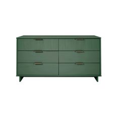 a green dresser with four drawers and two brass pulls on the bottom, against a white background