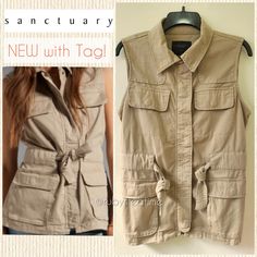 Safari Belted Khaki Utility Cargo Vest, Sanctuary New With Tag! Never Worn. Great Condition, See Photos. *Photo With Model On Front Cover Image Is From Stock Image To Help Show How It Fits On A Body. All Other Photos Are Taken By Me Of Actual Vest Being Listed. Belt Can Be Removed. Has Both A Sturdy Zipper And Button Closure In The Front, But Also Looks Chic When Worn Open. Great Quality Fabric And Well Made. Modern Design. Fabric Is Lightweight, Soft, With A Little Bit Of Stretch. Approximate M Beige Utility Outerwear For Summer, Summer Beige Utility Outerwear, Tan Utility Vest, Fitted Military Utility Jacket In Khaki, Khaki Cotton Utility Vest, Womens Utility Vest, Sleeveless Military Outerwear In Khaki, Khaki Military Utility Jacket With Welt Pockets, Safari Shorts