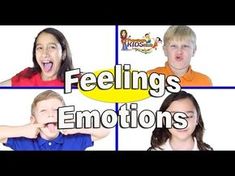 four children making funny faces with the words feelings emotions in front of them