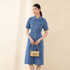 Sapphire Belted Midi Dress with Zipper - SHIMENG Formal Cotton Dresses With Pockets, Classic Collared Cotton Midi Dress, Casual Cotton Midi Dress For Office, Spring Workwear Dresses With Zipper Closure, Casual Cotton Dresses With Zipper Closure, Casual Cotton Dress With Zipper Closure, Casual Dresses With Stand Collar For Workwear, Spring Cotton Dress With Zipper Closure, Elegant Cotton Dress With Stand Collar