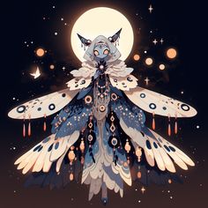 an illustration of a woman with wings and feathers on her body in front of a full moon