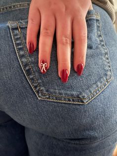 bow 2024 aesthetic nails red almond women jeans winter NYC