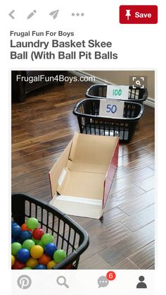 a box with balls in it sitting on the floor next to a basket full of balloons