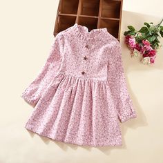 Yellow Kids Girls' Dress Floral Knee-length Dress Print Cotton Long Sleeve Cute Dress Pink Yellow Girls Cotton Dresses, Kids Dress Wear, Baby Dress Design, Girls Frock Design