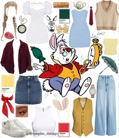 A collage of clothing inspiration to create a DIY White rabbit halloween costume. Blue, white, lots of rabbits and clocks. Alice In Wonderland Spirit Week, White Rabbit Outfit Ideas, Alice In Wonderland Outfits Ideas, Wonderland Themed Outfits, Alice And Wonderland Outfits, Alice In Wonderland Outfit Ideas Casual, Alice In Wonderland Themed Outfits, Wonderland Outfits Ideas