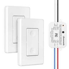 two white switches and one red blue and yellow wire are attached to the same wall plate