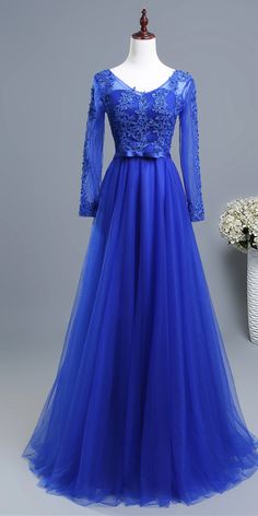 Royal Blue Long Sleeve Dress For Banquet, Royal Blue Tulle Ball Gown For Prom, Blue Dresses For Wedding And Party Season, Blue Dress For Wedding Party Season, Blue Dress For Wedding And Party Season, Blue Long Sleeve Dress For Prom Season, Royal Blue Tulle Dress For Banquet, Royal Blue Tulle Dress For Prom, Royal Blue Long Sleeve Gown For Banquet