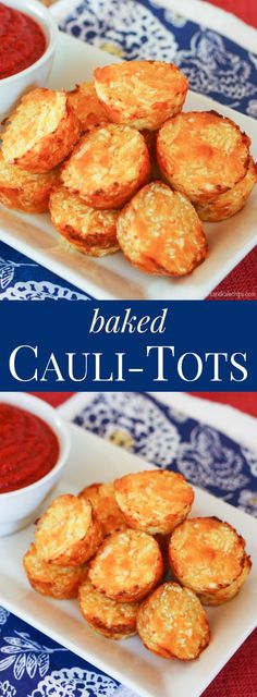 baked cauli - tots on a plate with red sauce in the middle and blue background