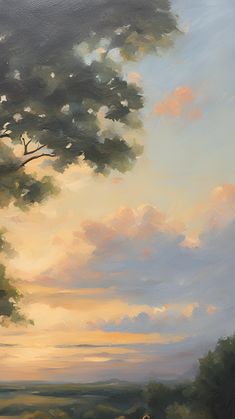 an oil painting of a person sitting on a bench under a tree with the sky in the background