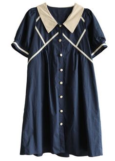 Chic Navy Peter Pan Collar Button Summer Cotton Dress Short Sleeve - SooLinen Spring Dresses With Collar And Buttons, Spring Dresses With Buttons And Collar, Casual Collared Dress With Covered Buttons, Cotton A-line Shirt Dress With Buttons, Preppy Buttoned Dresses For Spring, Collared Cotton Dress With Buttons, Casual A-line Dress With Placket, Cotton Midi Shirt Dress With Buttons, Daywear Dresses With Buttons And Collar