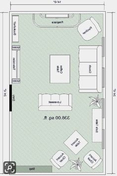 a drawing of a living room with furniture and floor plans on the walls, along with measurements for each part of the room