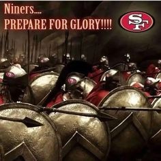 a group of men in armor standing next to each other with the words, niners prepare for glory