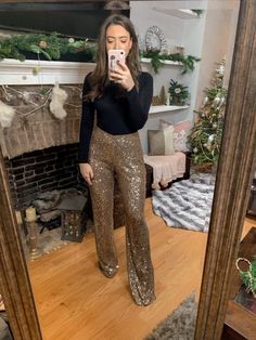 Sequin Pants With Sweater, Holiday Flare Pants, New Years Sparkle Outfit, Sparkly Pants Outfit Nye, Sequin Pants Winter, Velvet And Sequin Outfit, New Year’s Eve Pants Outfits, Gold Glitter Pants Outfit, Gold Sequin Trousers Outfit