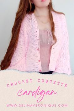 a woman with long red hair wearing a pink sweater and cardigan is holding a sign that says crochet coquette candi