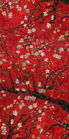 the painting is red with white flowers on it