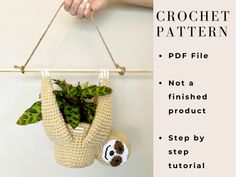 a crochet slotty hanging from a rope with a plant in it and the caption is not a finished product step by step by step