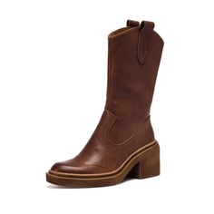 dwarves1348-15 Boots 5.5 Brown High Heel Cowboy Boots, Heel Cowboy Boots, Leather Mid Calf Boots, Heels Comfortable, Zip Design, Brown Shorts, Boots High, Calf Boots, Mid Calf Boots