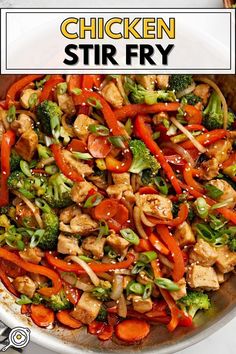 chicken stir fry with broccoli and carrots in a pan