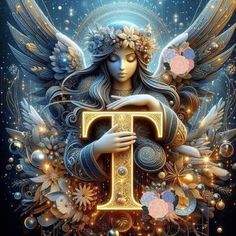 the letter t is surrounded by angel wings and flowers