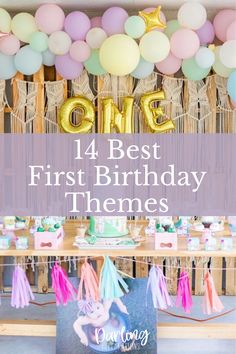 a first birthday party with balloons and streamers