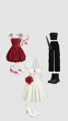 an assortment of women's clothing and accessories including shoes, umbrellas, dress, purse