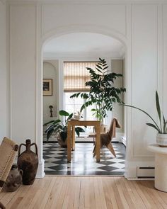 an archway leading to a dining room with potted plants on the table and vases