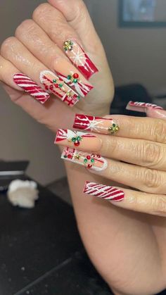 Christmas Fake Nails With Cute Reindeer, Snowflake Accents, Warm Christmas Press on Nails, Artistic Nail Art, Holiday Nails, Christmas Gift. - Etsy Snowflake And Candy Cane Nails, Red And Green Acrylic Nails Christmas, Cute Long Christmas Nails, Creative Christmas Nails, Cute Simple Christmas Nails Winter, Matching Christmas Nails, Red Candy Cane Nails, Candy Cane Nails Acrylic, Red Holiday Nails Acrylic